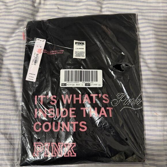 VS PINK LOVE PINK BLACK CAMPUS LONG SLEEVE TEE & BLING/RHINESTONES LOGO LARGE - Picture 3 of 3